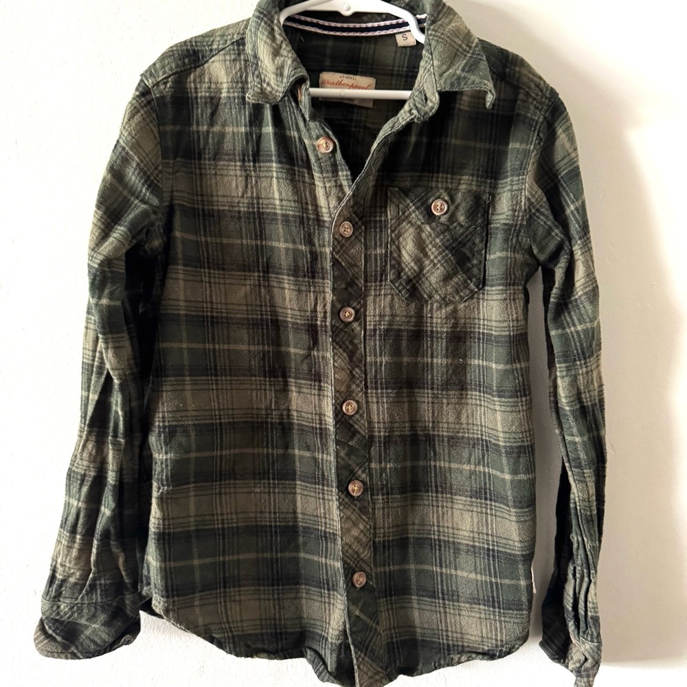 Boys weatherproof green flannel long sleeve button up shirt size 7 S‎